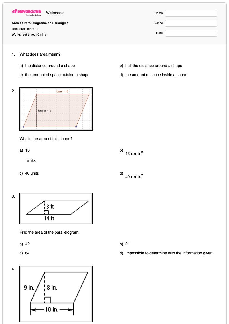 Area of Parallelograms and Triangles - Printable Area-of-a-parallelogram Worksheets - Wayground