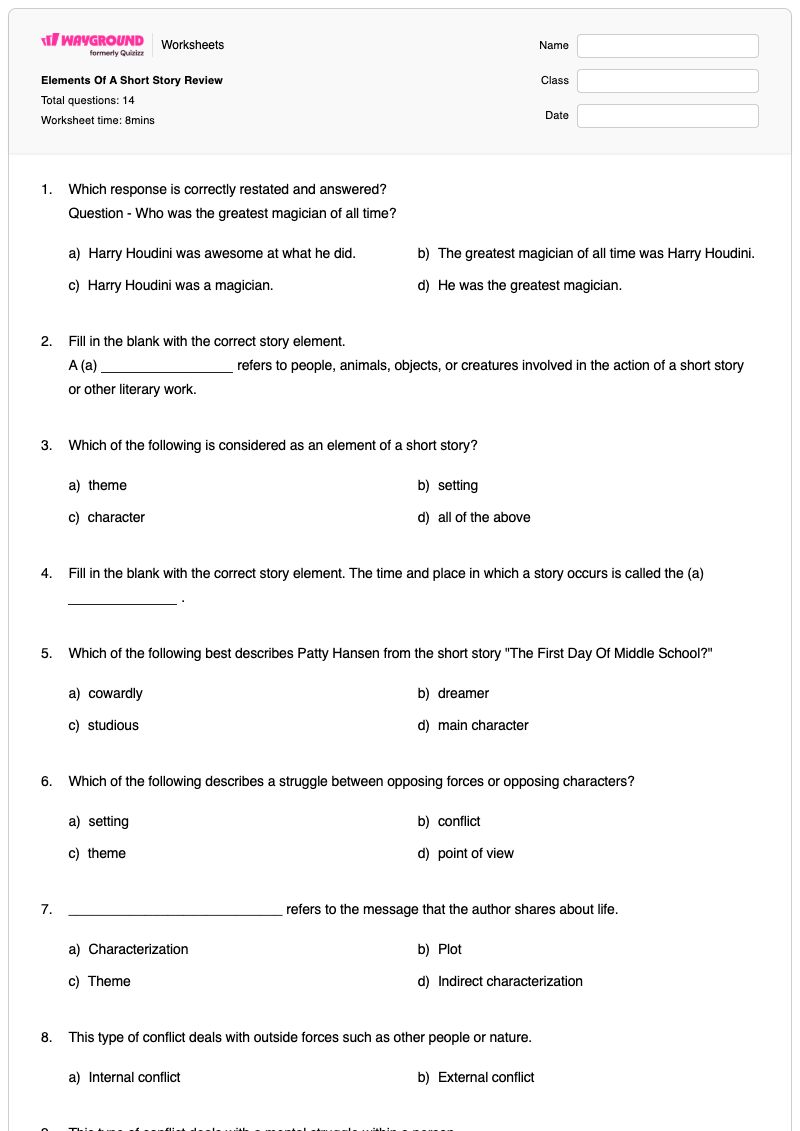 Elements Of A Short Story Review - Printable Short-stories Worksheets Grade 6 - Wayground