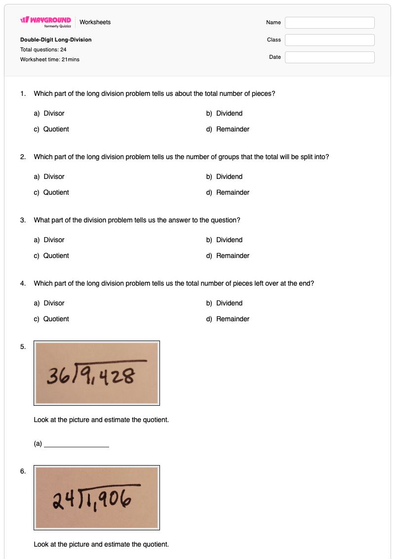 Double-Digit Long-Division - พิมพ์ได้ Missing-number-problems เวิร์กชีท ระดับ 4 - Wayground