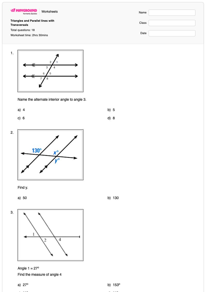Triangles and Parallel lines with Transversals - พิมพ์ได้ เส้นตัดขวางของเส้นขนาน เวิร์กชีท - Wayground