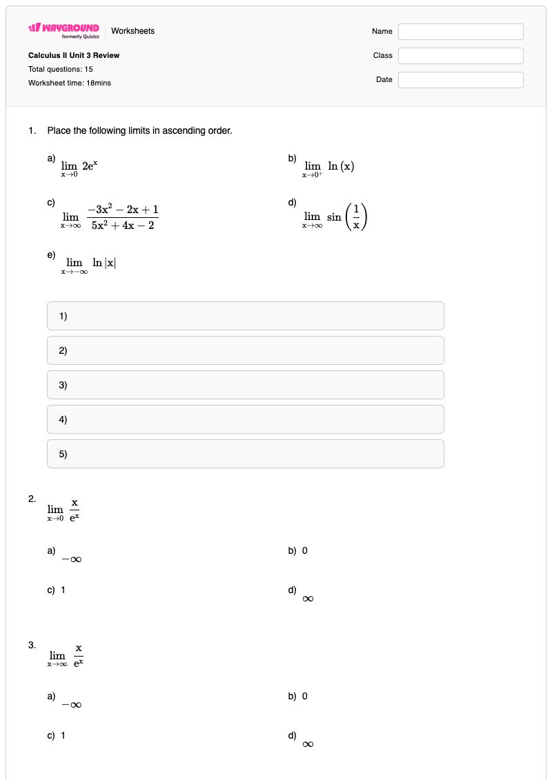 Calculus II Unit 3 Review - พิมพ์ได้ แคลคูลัสเชิงอินทิกรัล เวิร์กชีท - Wayground