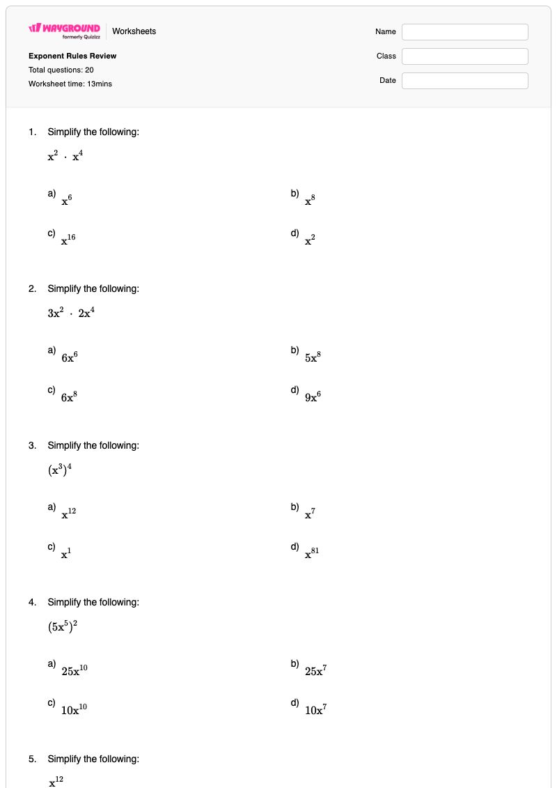 Exponent Rules Review - พิมพ์ได้ Exponent-operations เวิร์กชีท ระดับ 8 - Wayground