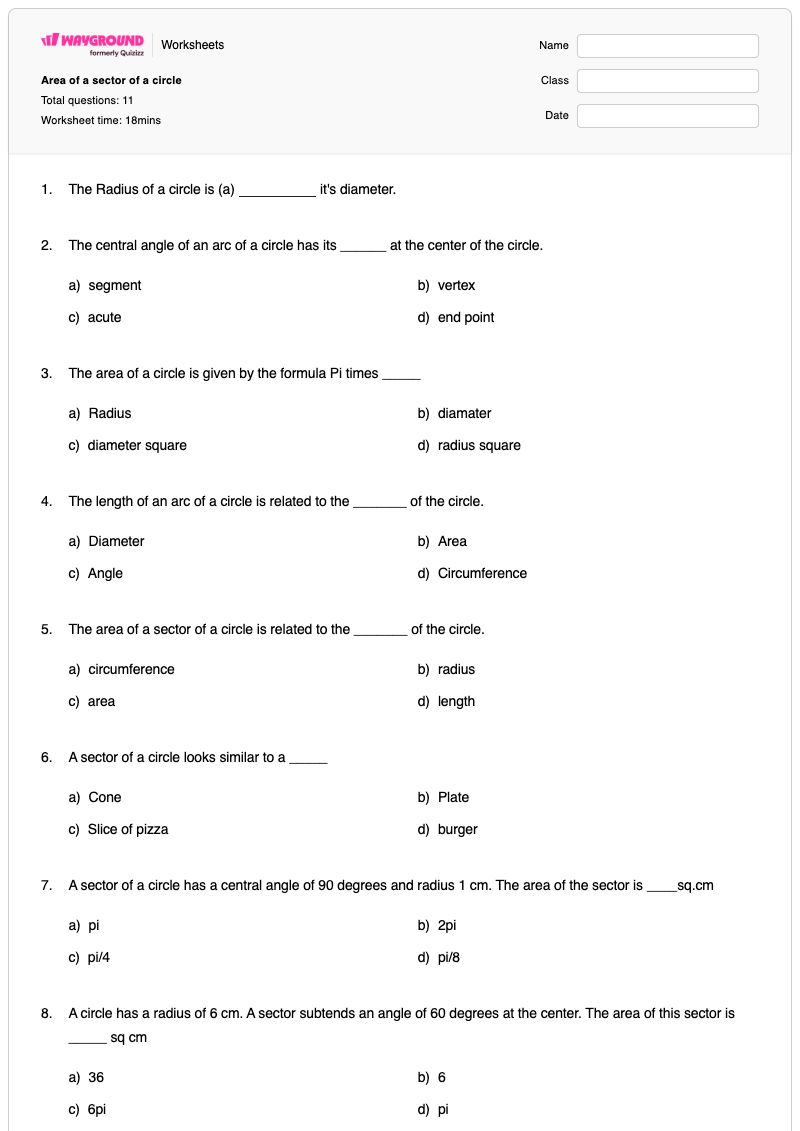 Area of a sector of a circle - Printable Area-of-a-circle-sector Worksheets - Wayground