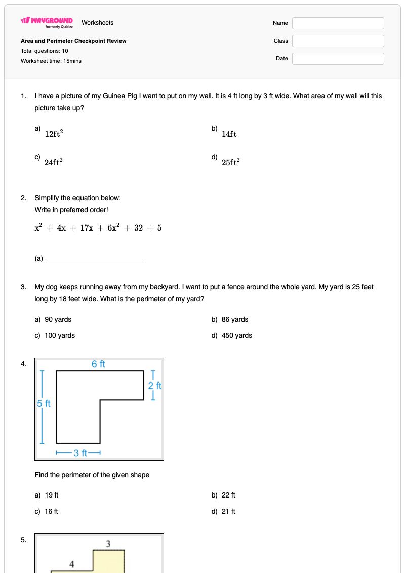 Area and Perimeter Checkpoint Review  - พิมพ์ได้ พื้นที่และปริมณฑล เวิร์กชีท - Wayground