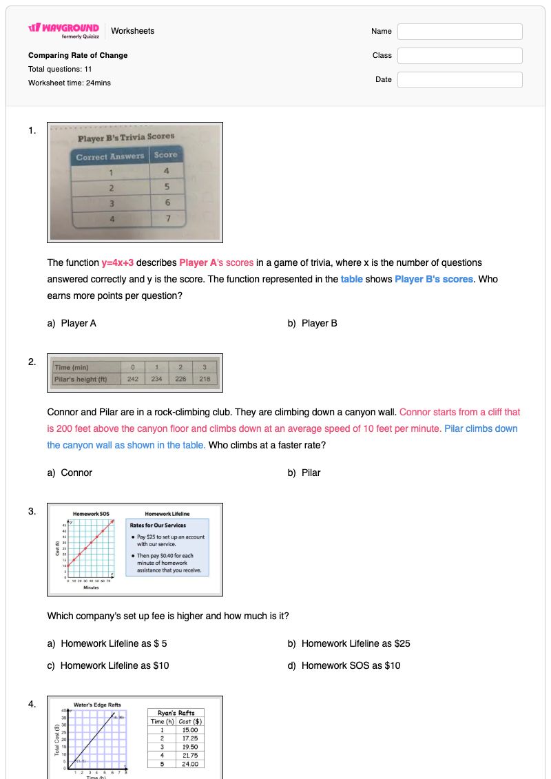 Comparing Rate of Change - Printable Rate-of-change Worksheets - Wayground