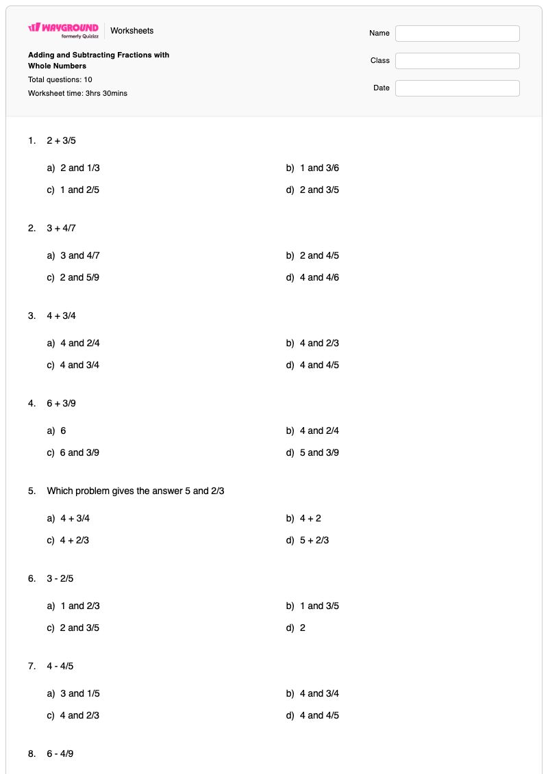 Adding and Subtracting Fractions with Whole Numbers - Printable Subtracting-fractions Worksheets - Wayground