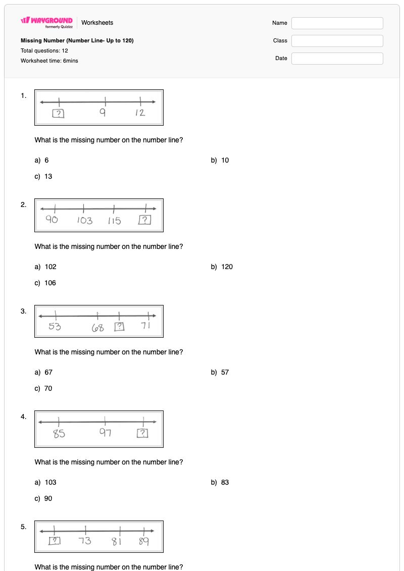 Missing Number (Number Line- Up to 120) - Printable Finding-missing-numbers-on-a-number-line Worksheets Grade 1 - Wayground