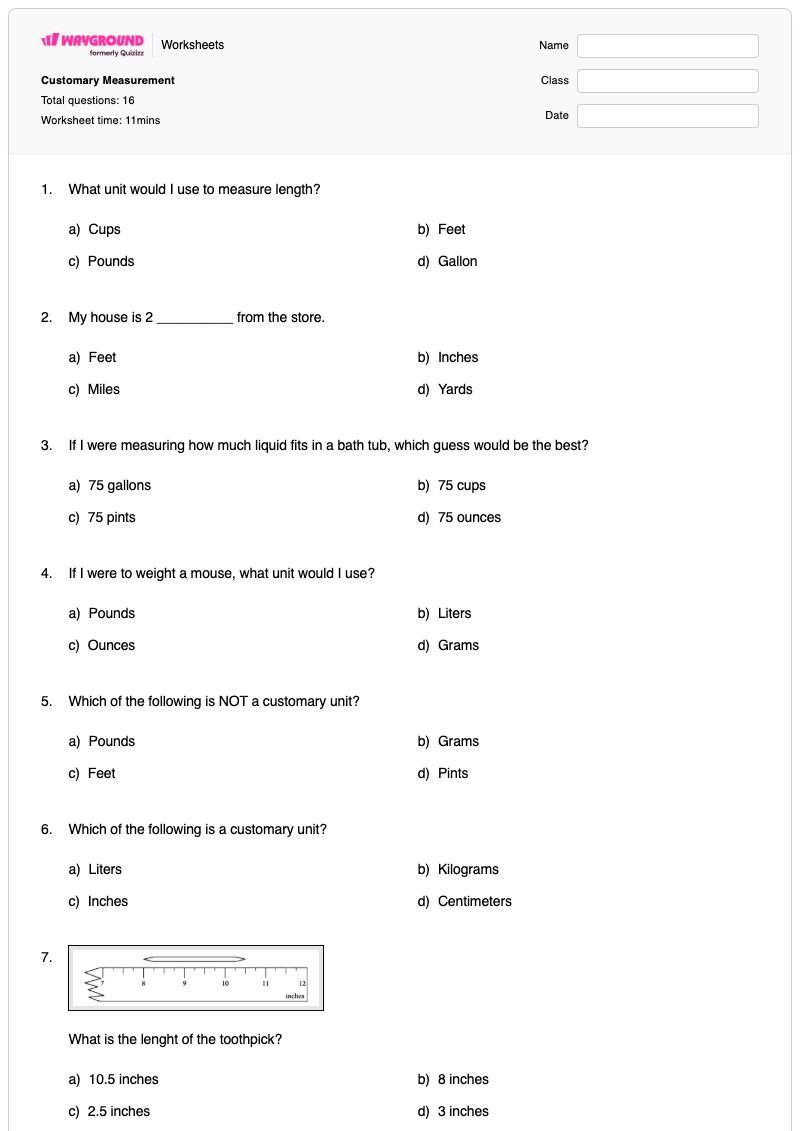 Customary Measurement - Printable Measuring-with-standard-tools Worksheets Year 4 - Wayground