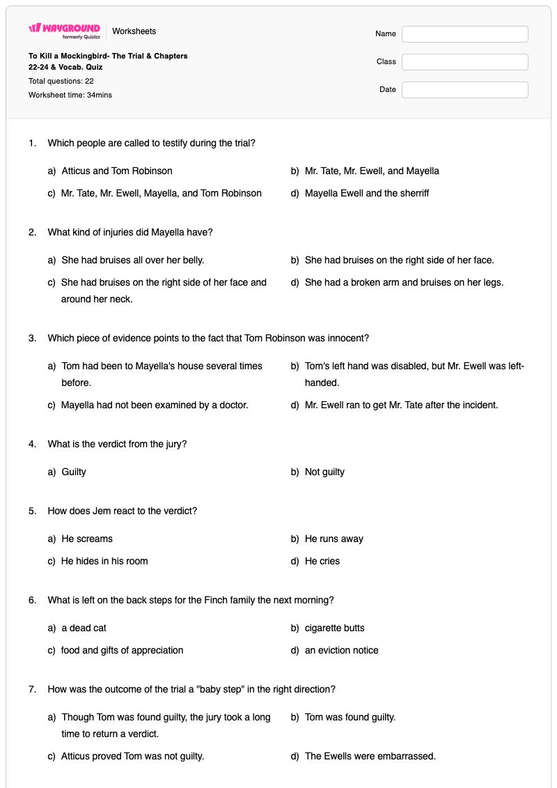 To Kill a Mockingbird- The Trial & Chapters 22-24  & Vocab. Quiz - พิมพ์ได้ การฆ่านกเลียนแบบ เวิร์กชีท - Wayground