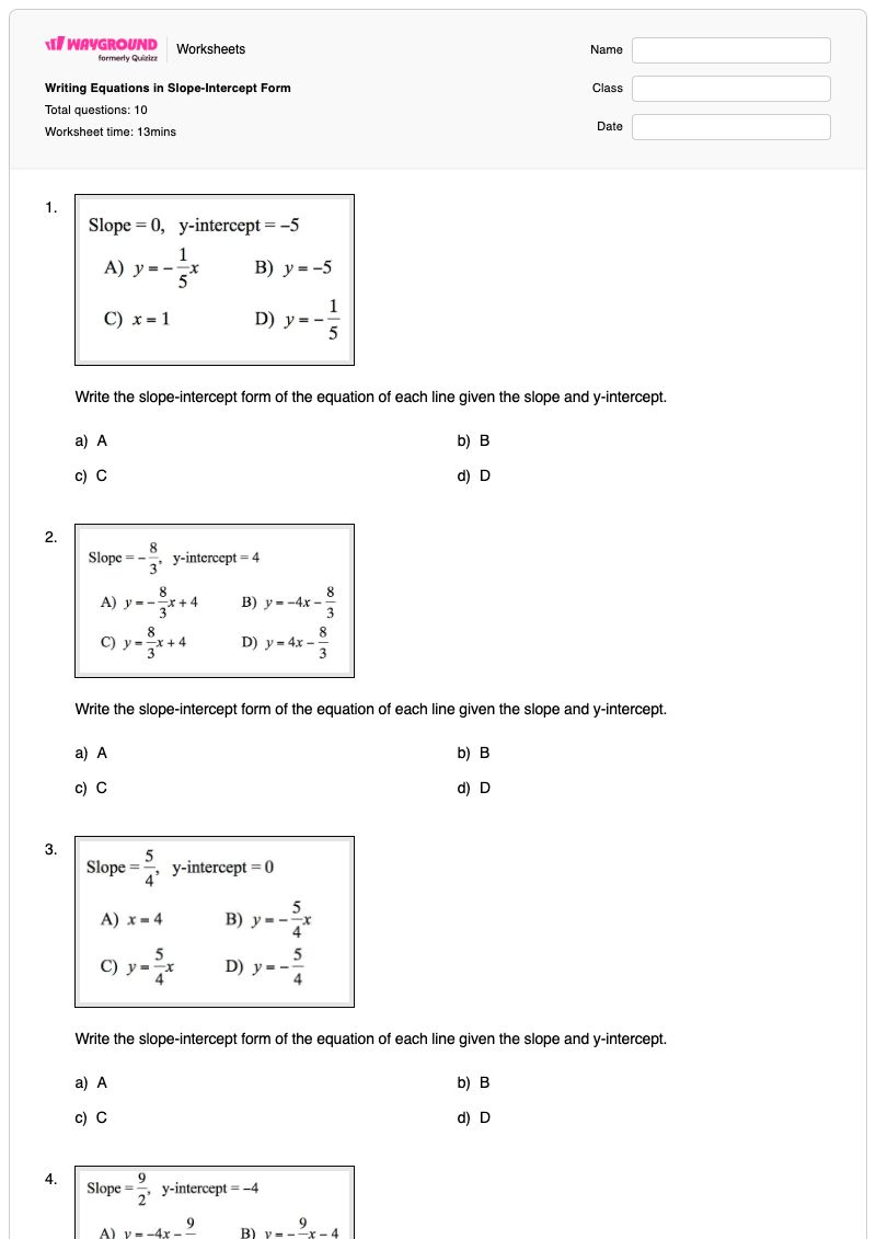 Writing Equations in Slope-Intercept Form - พิมพ์ได้ รูปแบบความชัน-จุดตัดแกน เวิร์กชีท - Wayground
