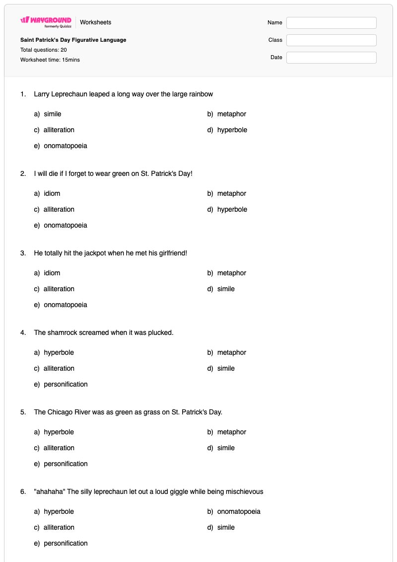 Saint Patrick's Day Figurative Language - พิมพ์ได้ ภาษาเปรียบเทียบ เวิร์กชีท ระดับ 2 - Wayground