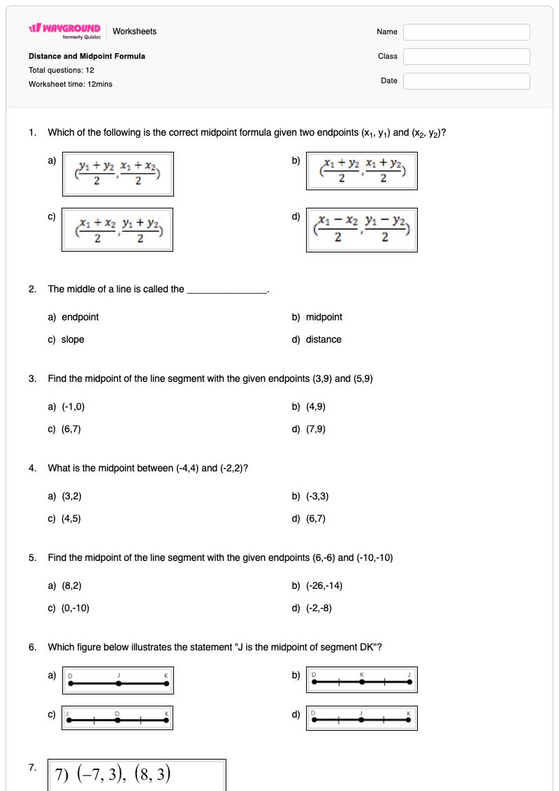 Distance and Midpoint Formula - พิมพ์ได้ ระยะทางและจุดกึ่งกลาง เวิร์กชีท ระดับ 8 - Wayground
