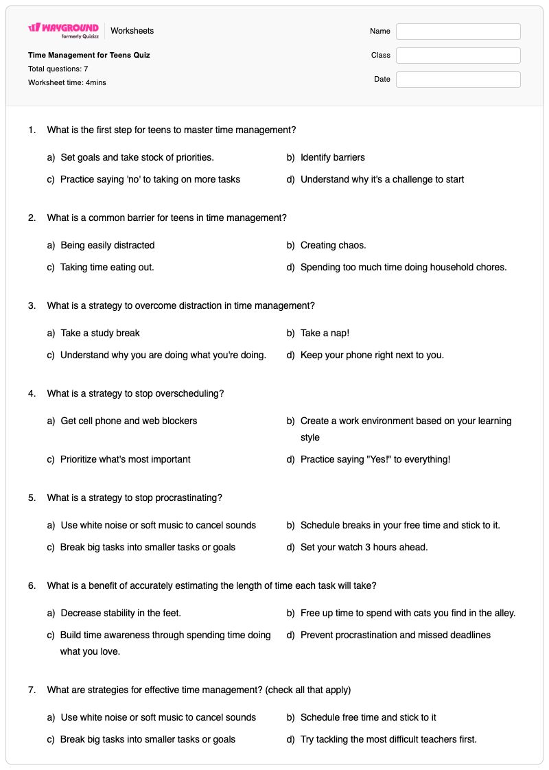 Time Management for Teens Quiz - Printable Time Worksheets - Wayground