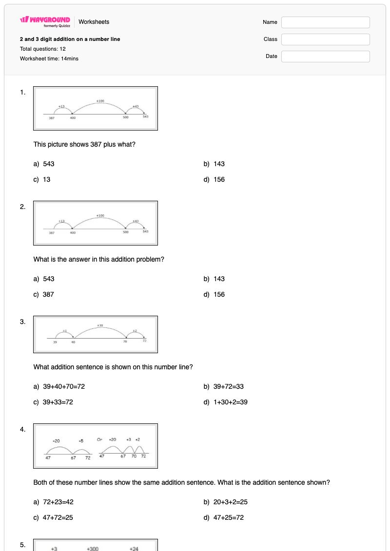 2 and 3 digit addition on a number line - Printable Addition Worksheets - Wayground