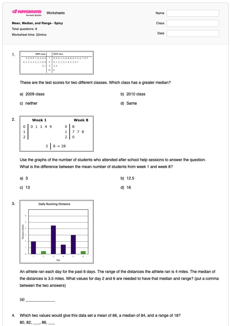 Mean, Median, and Range - Spicy - Printable Medians-and-altitudes Worksheets Class 7 - Wayground