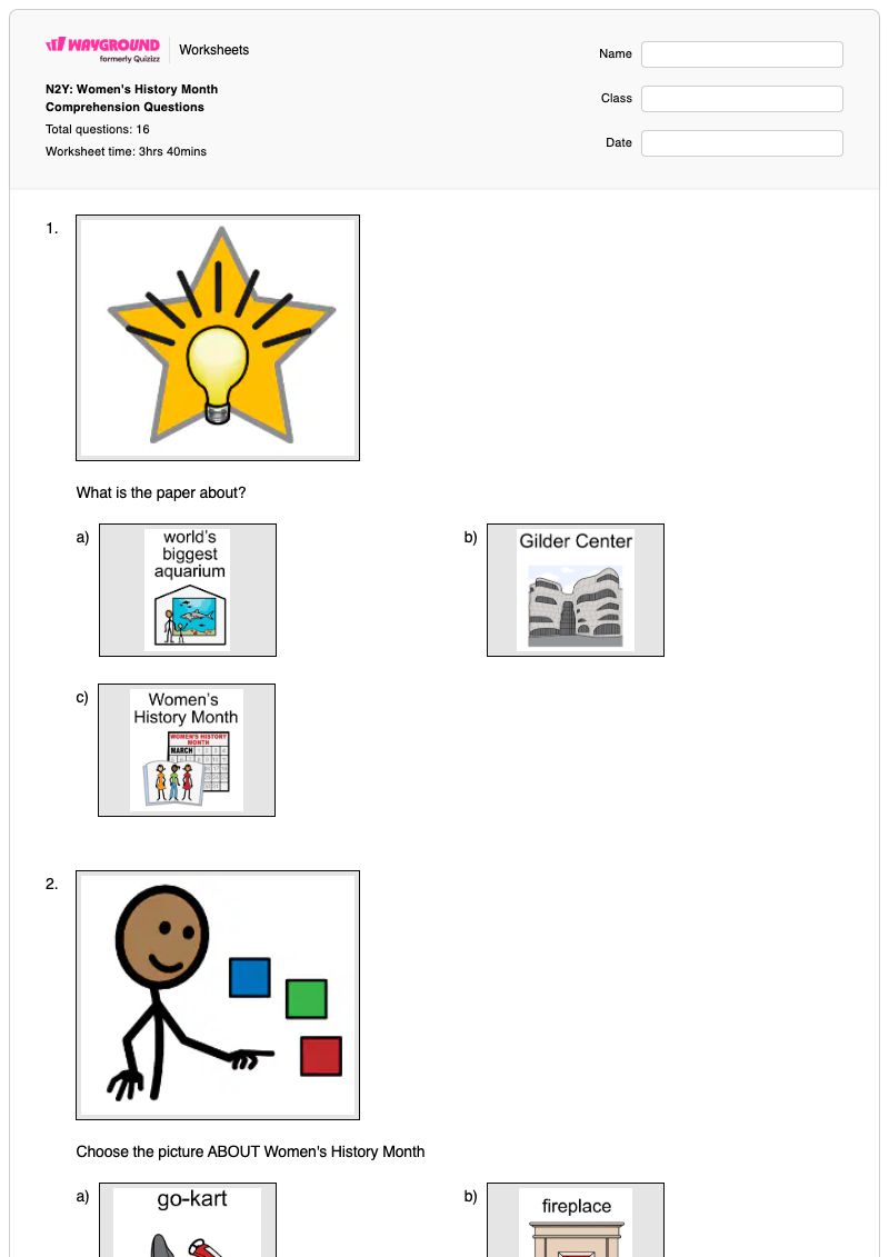 N2Y: Women's History Month Comprehension Questions - Printable History Worksheets Year 2 - Wayground