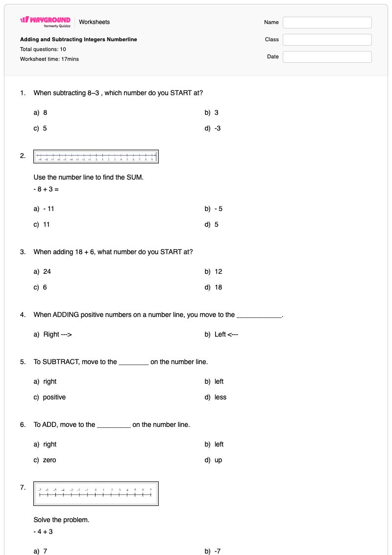 Adding and Subtracting Integers Numberline - Printable Integers-on-a-number-line Worksheets - Wayground