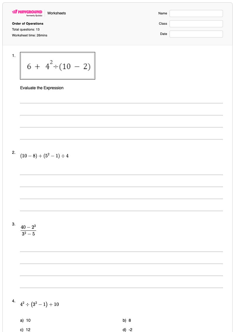Order of Operations - Printable Division Worksheets - Wayground