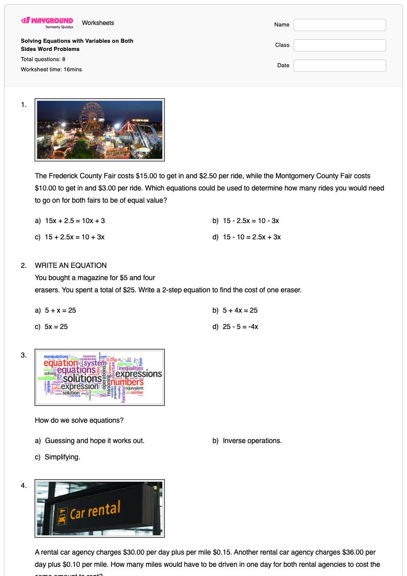 Solving Equations with Variables on Both Sides Word Problems - พิมพ์ได้ สมการที่มีตัวแปรอยู่ทั้งสองข้าง เวิร์กชีท - Wayground