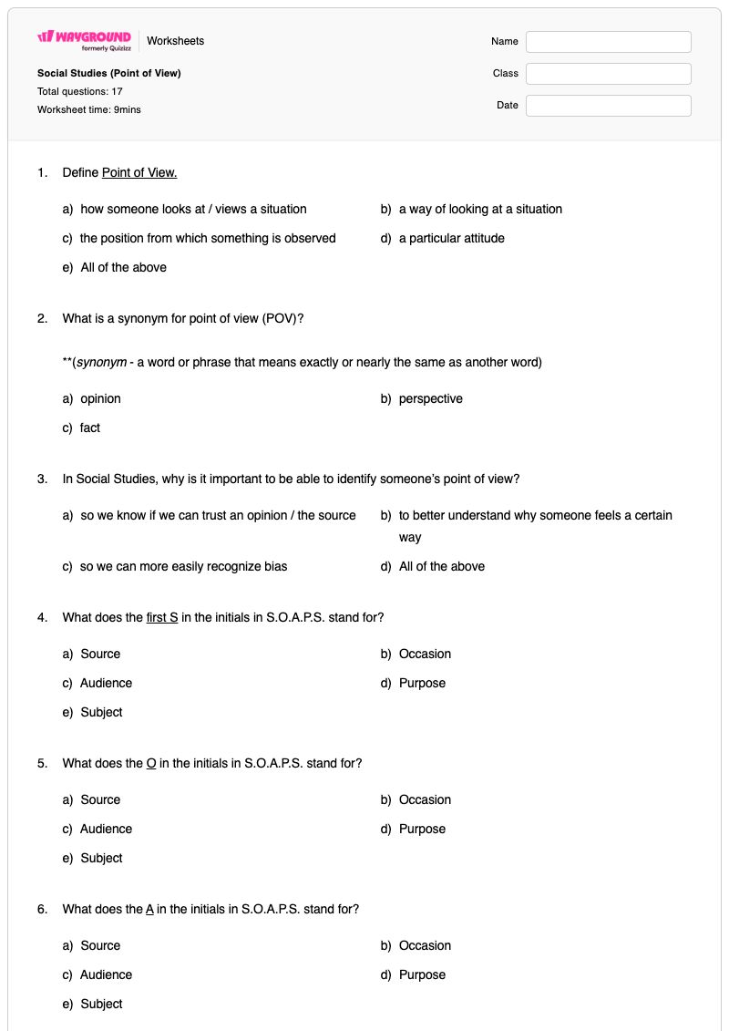 Social Studies (Point of View) - Printable Identifying-triggers-in-social-emotional-learning Worksheets Class 5 - Wayground