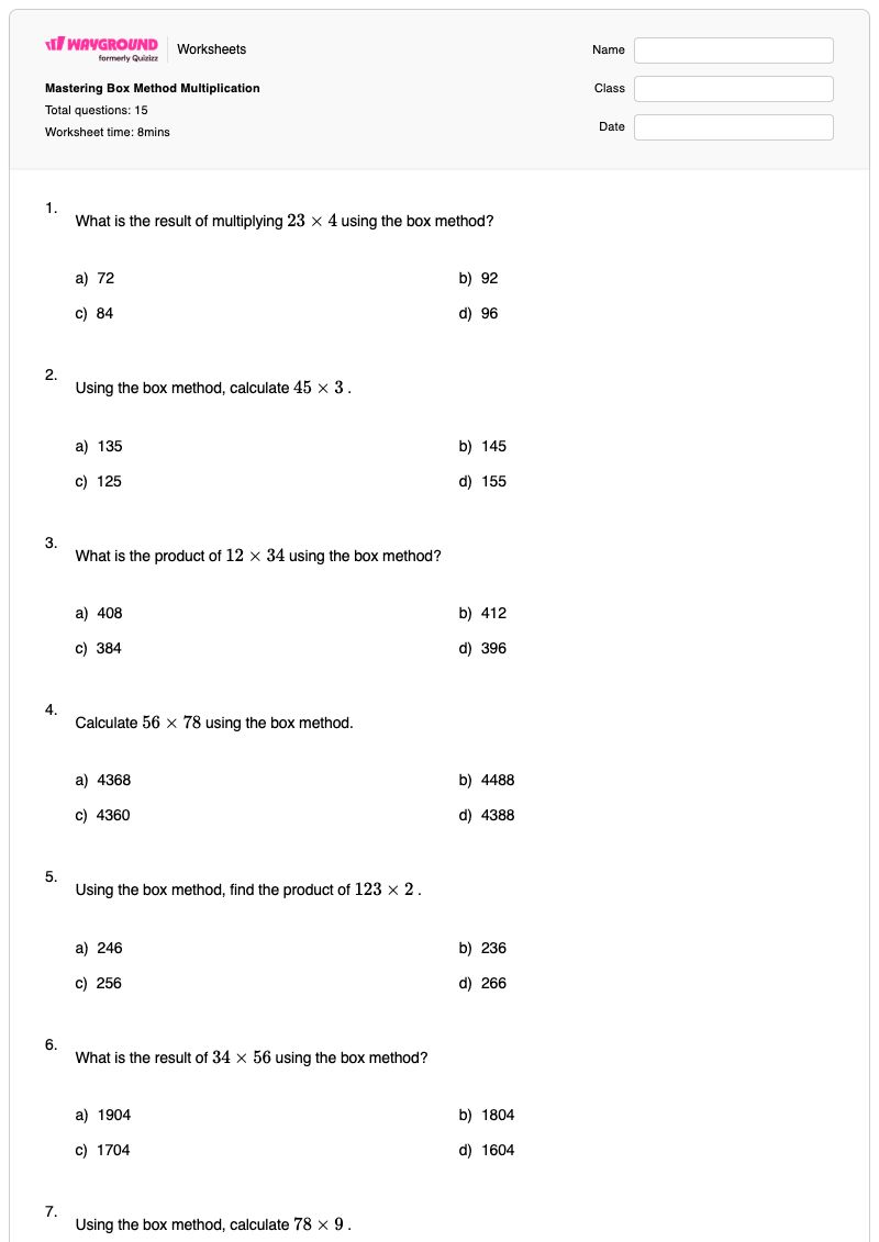 Mastering Box Method Multiplication - Printable Multiplication Worksheets - Wayground