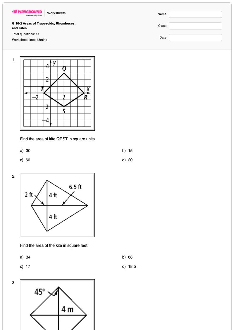 G 10-2 Areas of Trapezoids, Rhombuses, and Kites - Printable Area-of-a-trapezoid Worksheets - Wayground