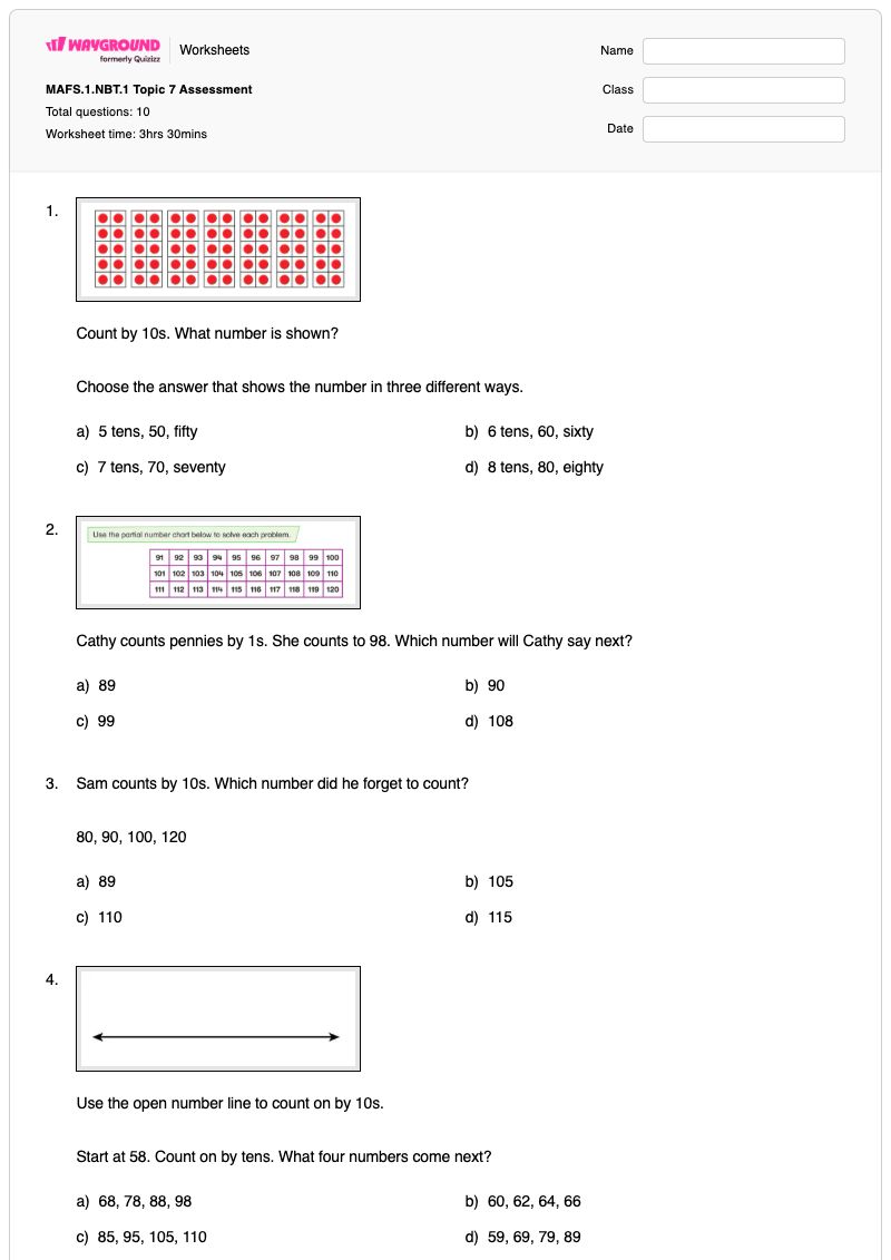 MAFS.1.NBT.1 Topic 7 Assessment - พิมพ์ได้ Counting-by-ones เวิร์กชีท - Wayground