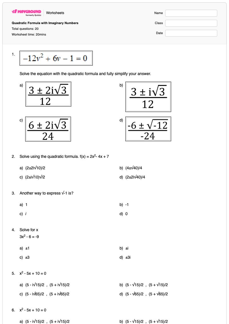 Quadratic Formula with Imaginary Numbers - พิมพ์ได้ Imaginary-numbers เวิร์กชีท - Wayground