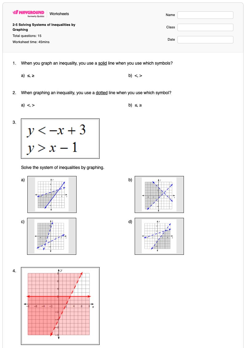 2-5 Solving Systems of Inequalities by Graphing - พิมพ์ได้ การแก้สมการอสมการ เวิร์กชีท - Wayground