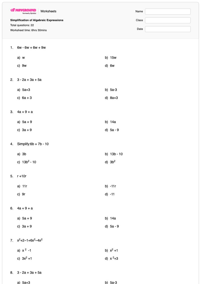 Simplification of Algebraic Expressions - พิมพ์ได้ การแสดงออก เวิร์กชีท - Wayground
