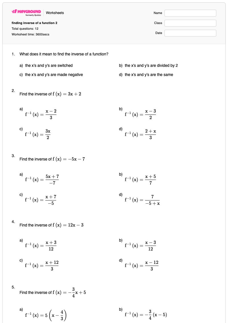 finding inverse of a function 2 - Printable Functions Worksheets - Wayground