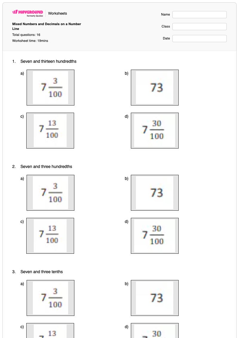 Mixed Numbers and Decimals on a Number Line - Printable Plotting-numbers-on-a-number-line Worksheets Year 4 - Wayground