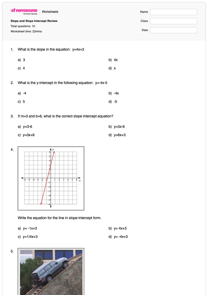 Slope and Slope Intercept Review - พิมพ์ได้ รูปแบบความชัน-จุดตัดแกน เวิร์กชีท - Wayground