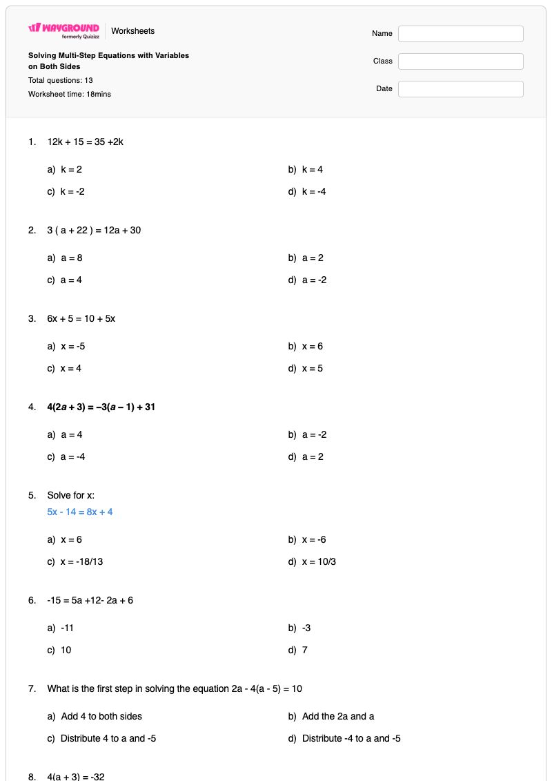 Solving Multi-Step Equations with Variables on Both Sides - พิมพ์ได้ สมการที่มีตัวแปรอยู่ทั้งสองข้าง เวิร์กชีท - Wayground
