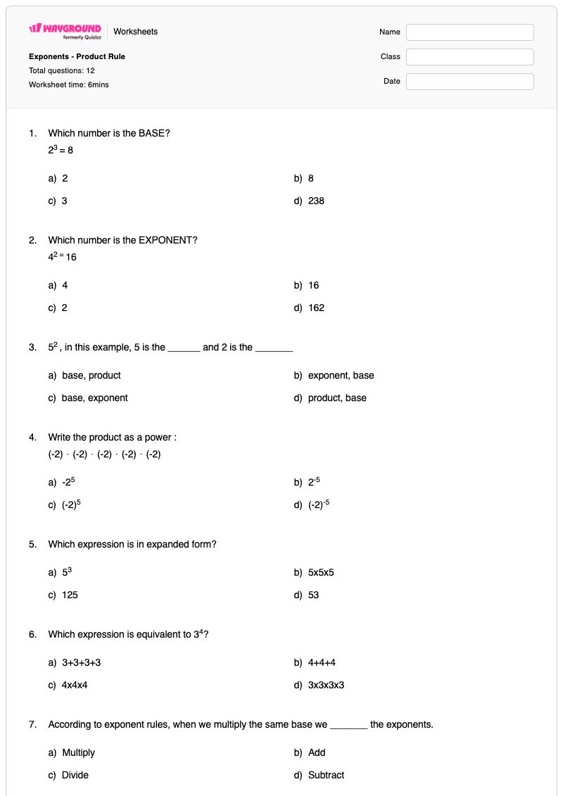 Exponents - Product Rule - Printable Multiplication Worksheets - Wayground