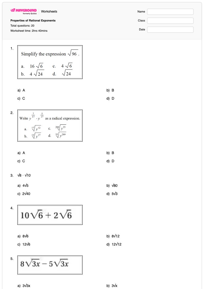 Properties of Rational Exponents - พิมพ์ได้ คุณสมบัติของเลขยกกำลัง เวิร์กชีท - Wayground