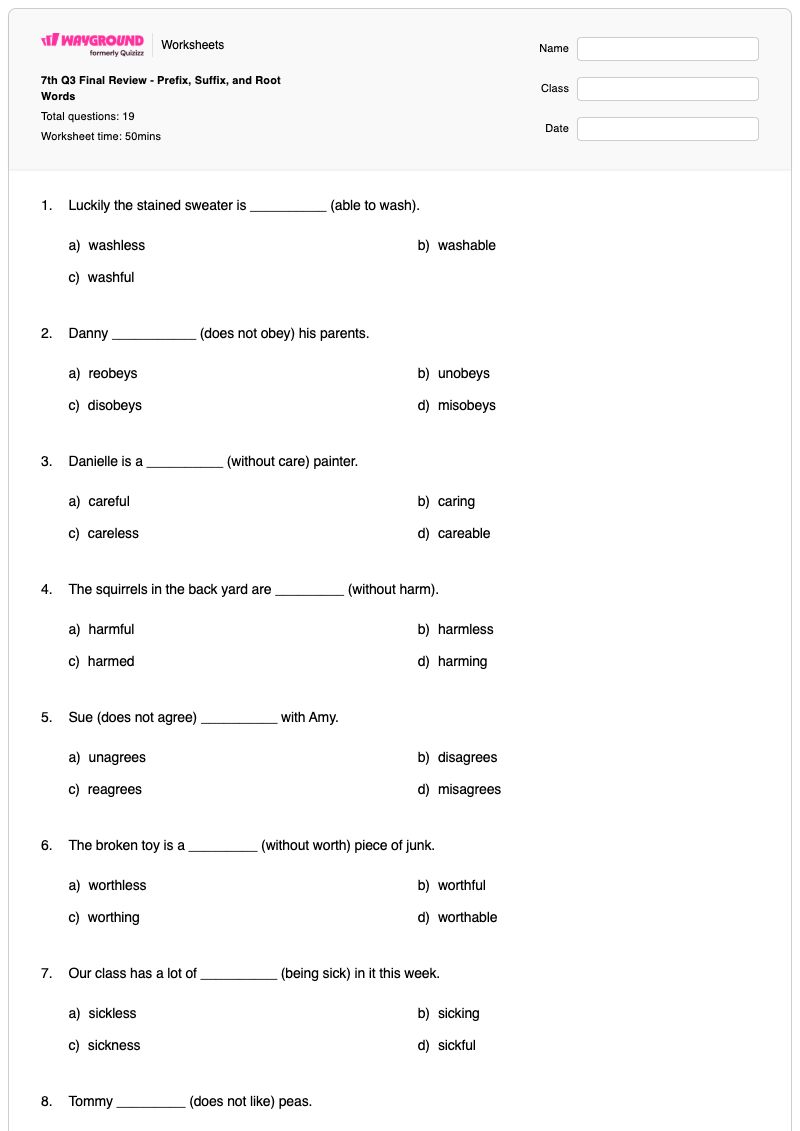 7th Q3 Final Review - Prefix, Suffix, and Root Words - Printable Determining-meaning-using-roots-prefixes-and-suffixes Worksheets Class 7 - Wayground