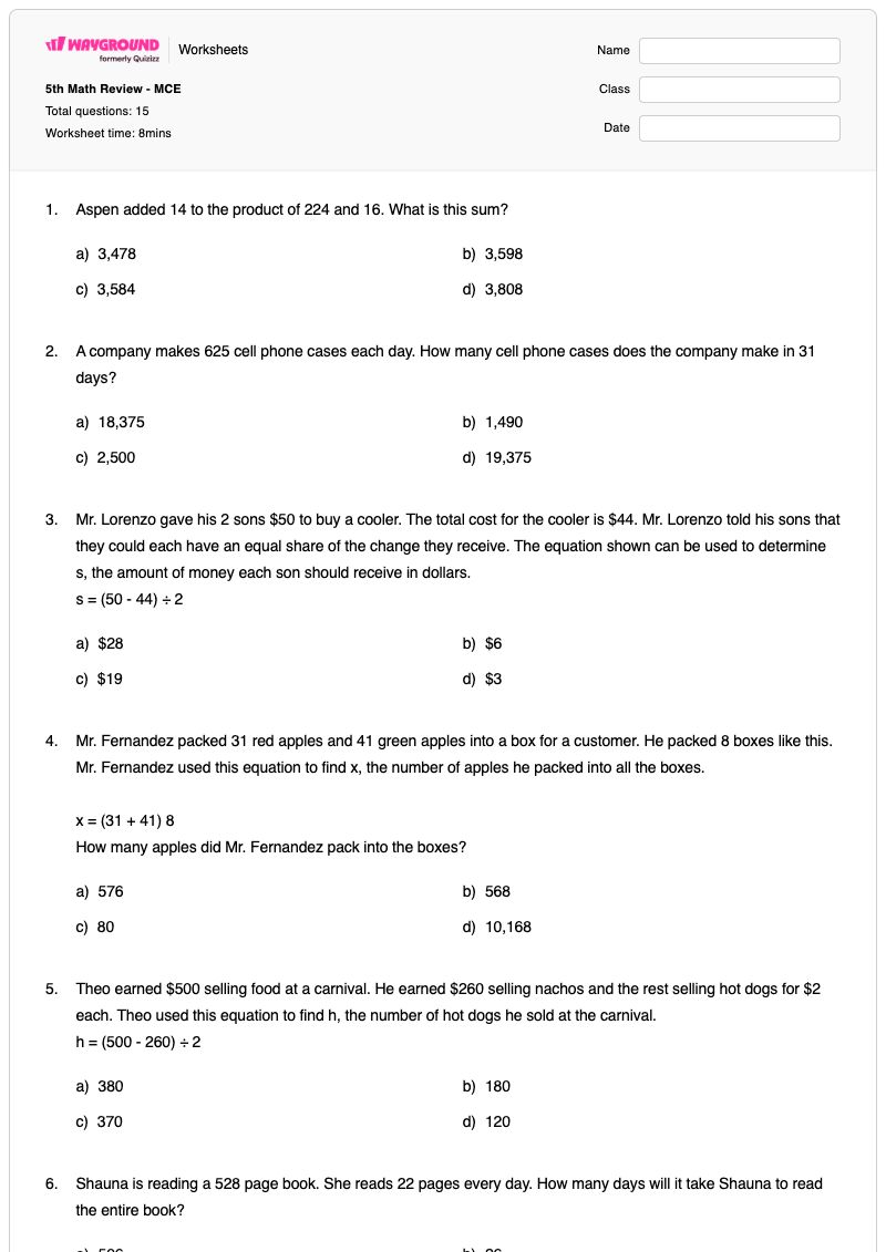 5th Math Review - MCE - Printable Class 5 Worksheets - Wayground