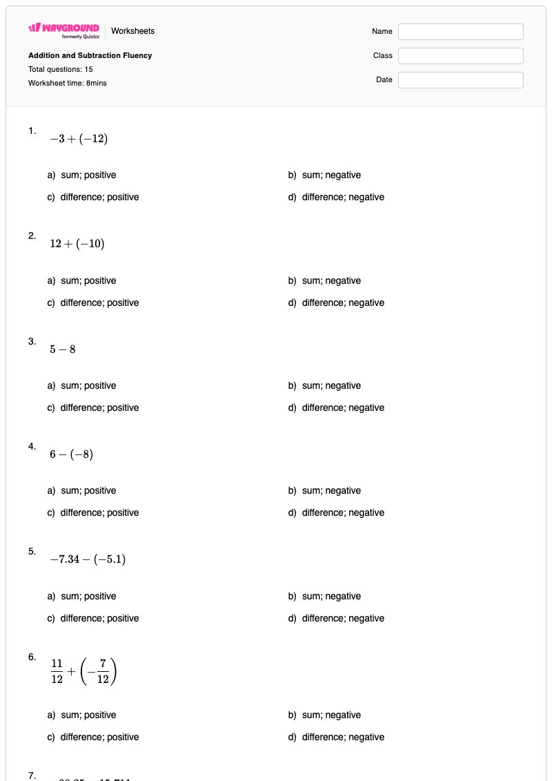 Addition and Subtraction Fluency - พิมพ์ได้ Addition-and-subtraction เวิร์กชีท - Wayground