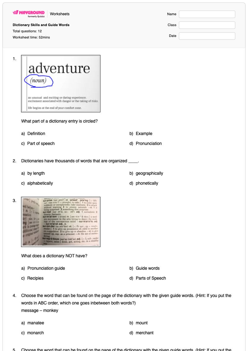 Dictionary Skills and Guide Words - พิมพ์ได้ ทักษะการใช้พจนานุกรม เวิร์กชีท ระดับ 4 - Wayground