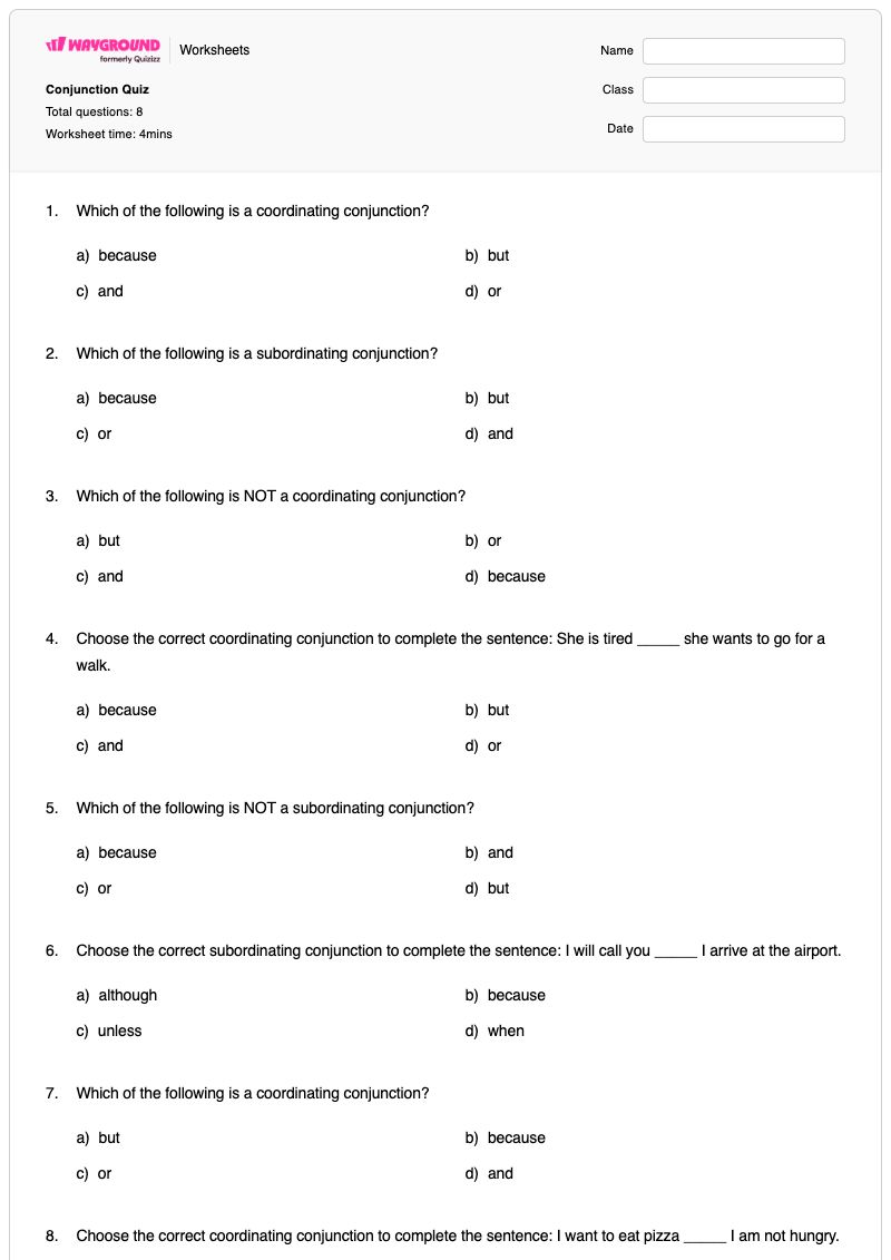 Conjunction Quiz - พิมพ์ได้ คำสันธานประสาน เวิร์กชีท - Wayground