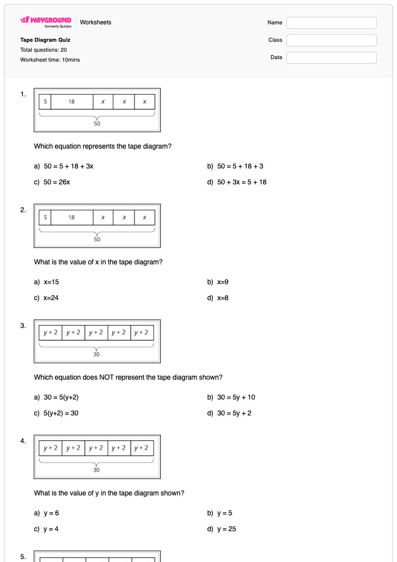 Tape Diagram Quiz - Printable Tape-diagrams Worksheets - Wayground