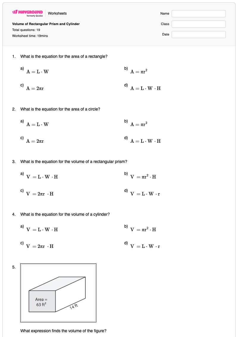 Volume of Rectangular Prism and Cylinder - พิมพ์ได้ ปริมาตรของกระบอกสูบ เวิร์กชีท - Wayground