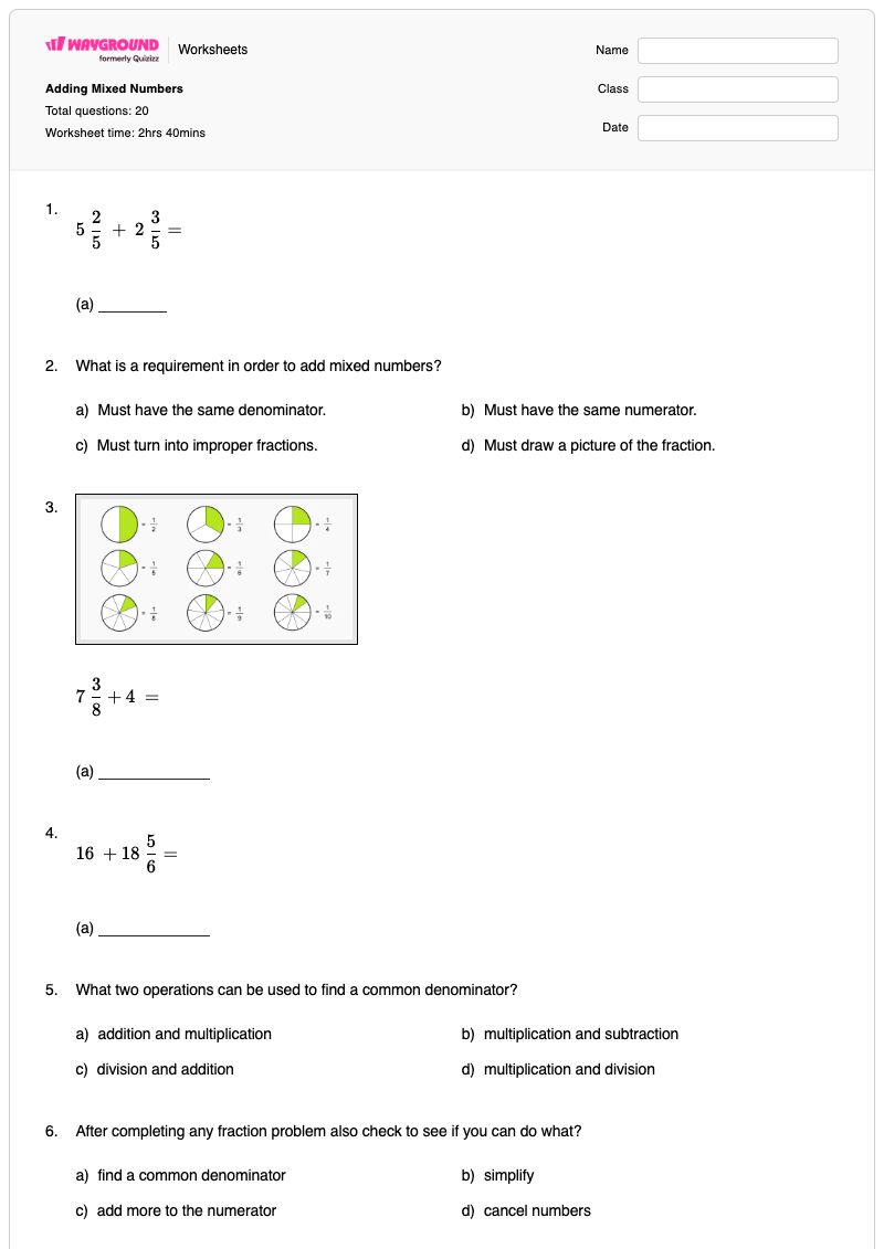 Adding Mixed Numbers - พิมพ์ได้ Adding-negative-numbers เวิร์กชีท ระดับ 4 - Wayground