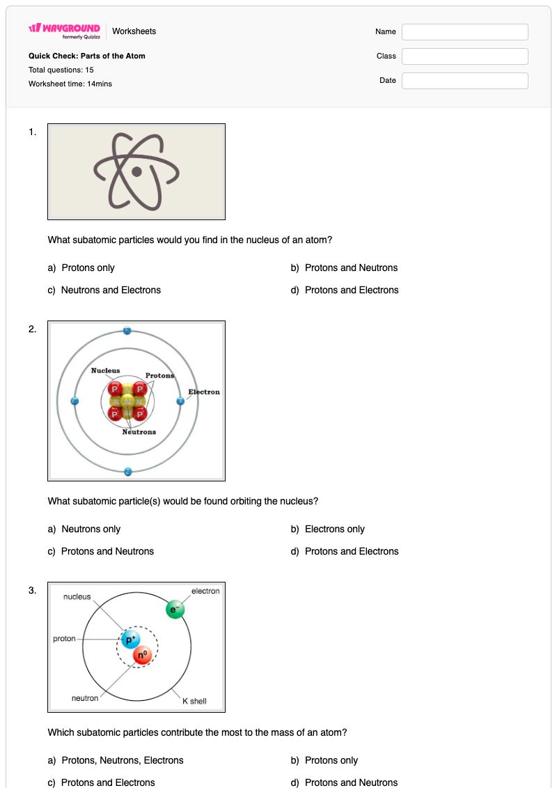 Quick Check: Parts of the Atom - พิมพ์ได้ Building-atoms เวิร์กชีท ระดับ 8 - Wayground