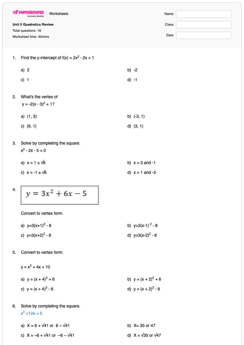 Unit 5 Quadratics Review - พิมพ์ได้ Vertex-form เวิร์กชีท - Wayground