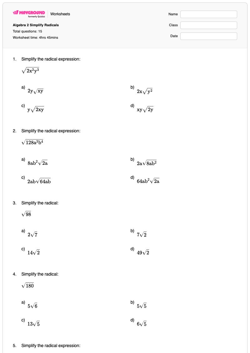 Algebra 2 Simplify Radicals - Printable Algebra-2 Worksheets - Wayground