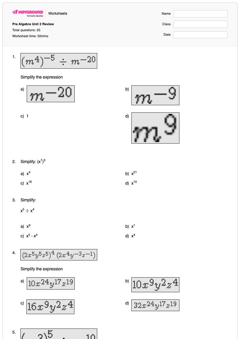 Pre Algebra Unit 2 Review  - Nadający się do druku Prealgebra Karty-pracy - Wayground