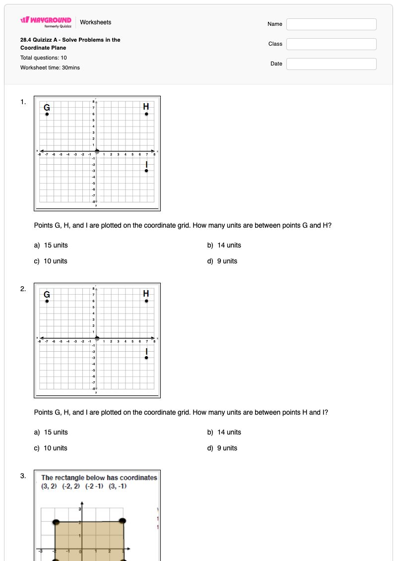 28.4 Quizizz A - Solve Problems in the Coordinate Plane - พิมพ์ได้ พื้นที่และปริมณฑล เวิร์กชีท - Wayground
