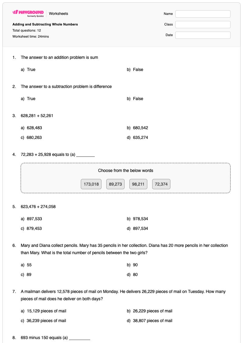 Adding and Subtracting Whole Numbers - Printable Arithmetic-and-number-theory Worksheets Grade 5 - Wayground